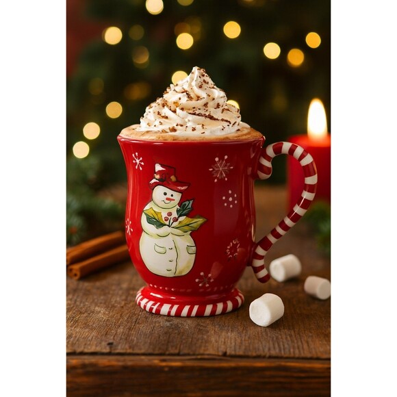 2 TRACY PORTER Christmas JOLLY OL' SNOWY Coffee Cocoa Mugs Cup Red-White Snowman - Picture 6 of 6